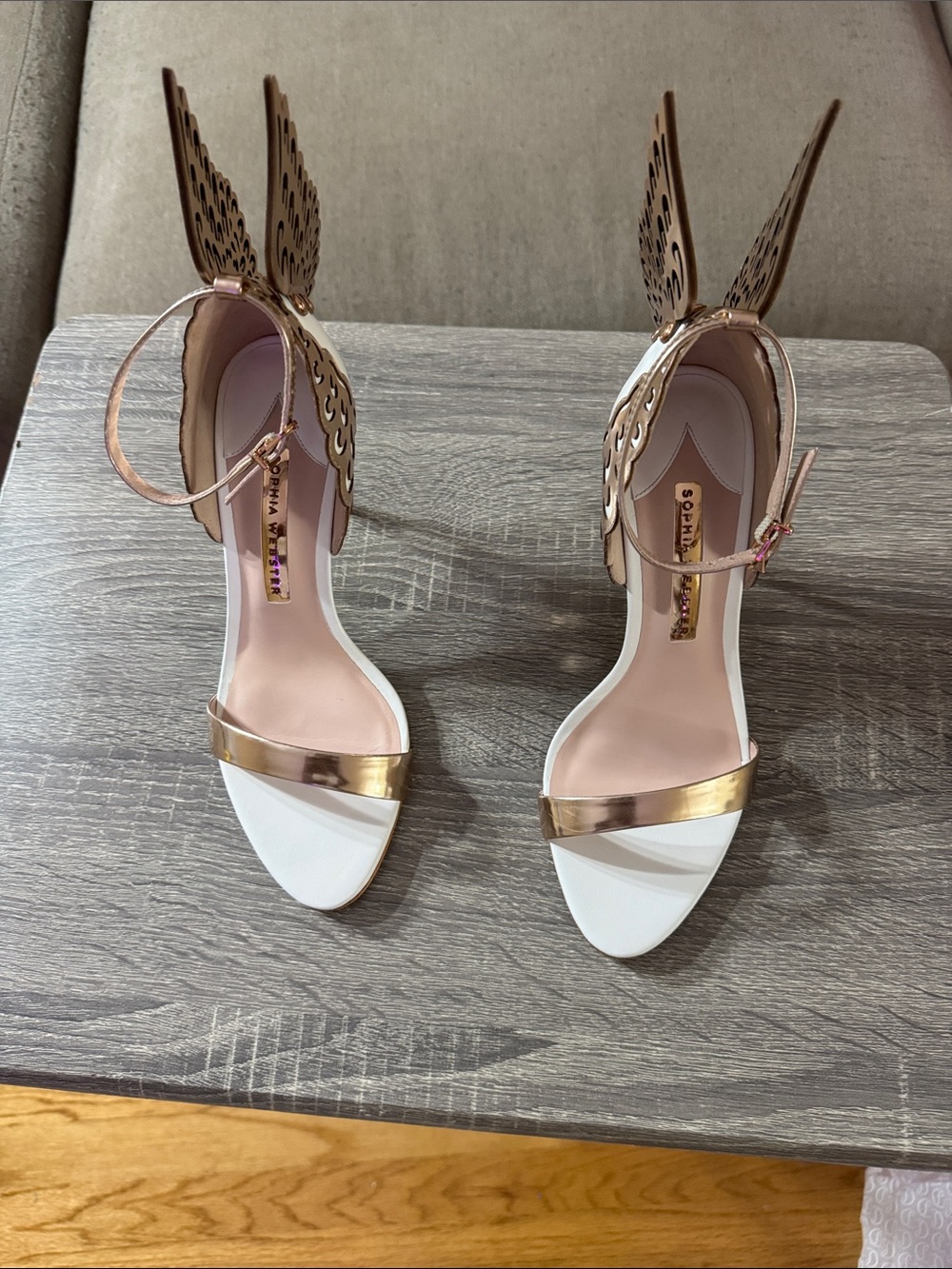 Sophia Webster Rose Gold and White Laser-Cut Wing Ankle-Strap Heels